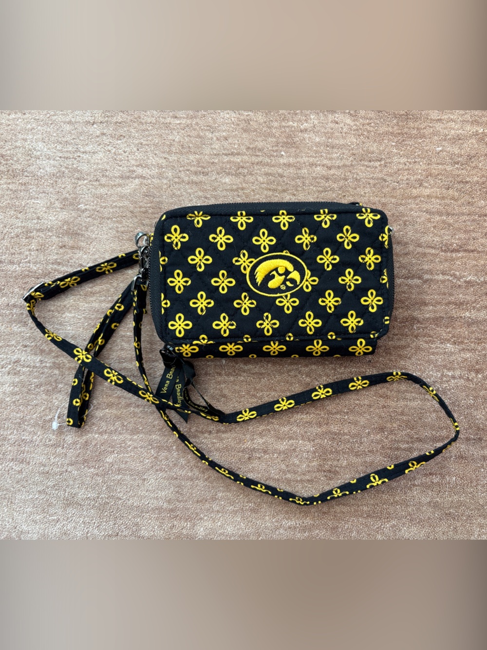 Vera Bradley Iowa Hawkeyes Black Crossbody Wallet with Yellow Floral Pattern